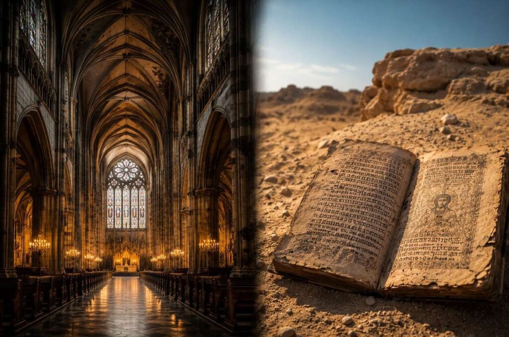 Split view of Gothic cathedral and ancient Coptic manuscript in desert light