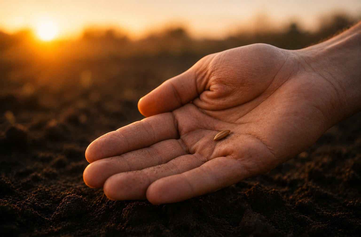 A simple seed resting in an open palm above dark soil with dawn light touching the hand