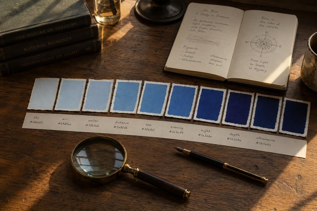 A row of blue colour swatches beside handwritten labels, symbolising how vocabulary can sharpen perception of colour distinctions