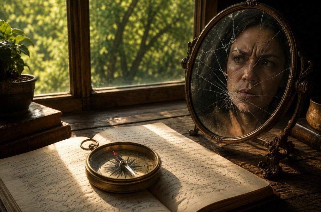 A brass compass beside a cracked mirror, symbolising the difference between grounded discernment and paranoid suspicion