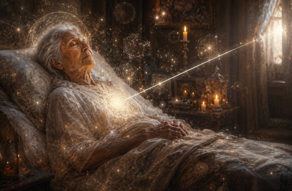 An elderly person maintaining serene awareness on their deathbed amidst swirling false lights, representing the practice of dying awake.