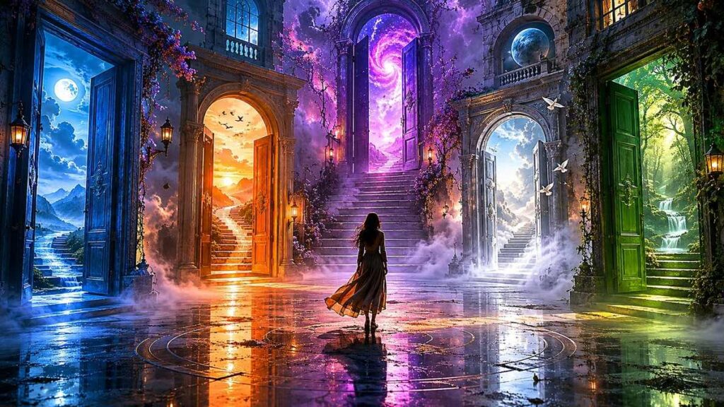 Surreal labyrinth of multiple doorways floating in misty space with different coloured light emanating from each threshold