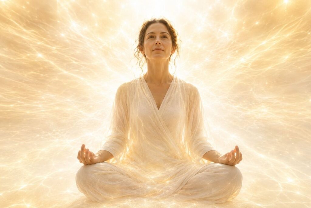 Contemplative figure in open awareness meditation with panoramic light