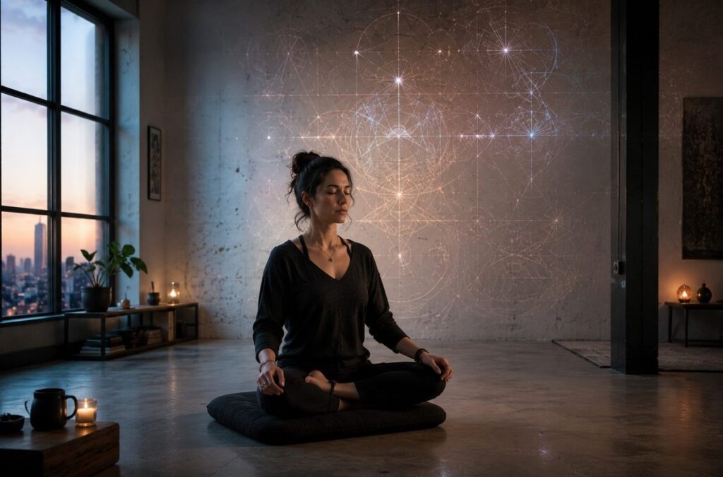 A contemporary contemplative figure meditating in a minimalist urban space with subtle geometric light patterns.