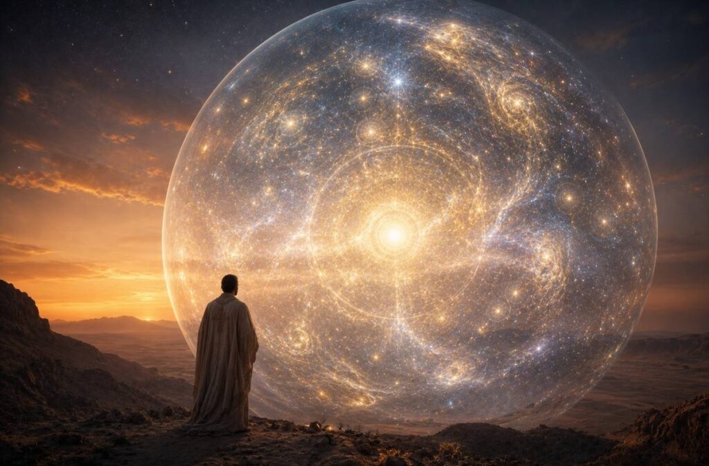 A contemplative figure in ancient robes standing before a vast cosmic sphere of divine light, symbolising the soul's return to the aeonic realms.