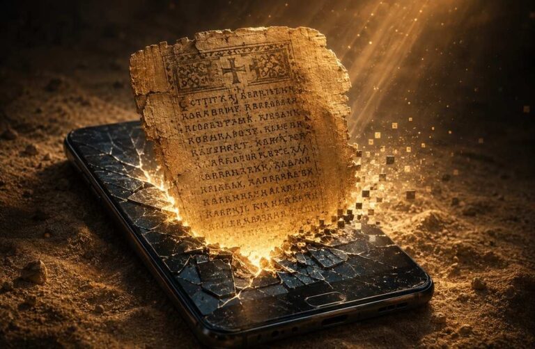 Ancient Coptic codex page emerging from a shattered smartphone screen with golden light