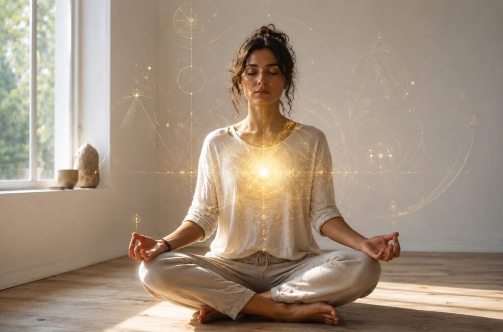 A person in modern clothing meditating in a minimalist room with subtle golden light and floating geometric patterns.