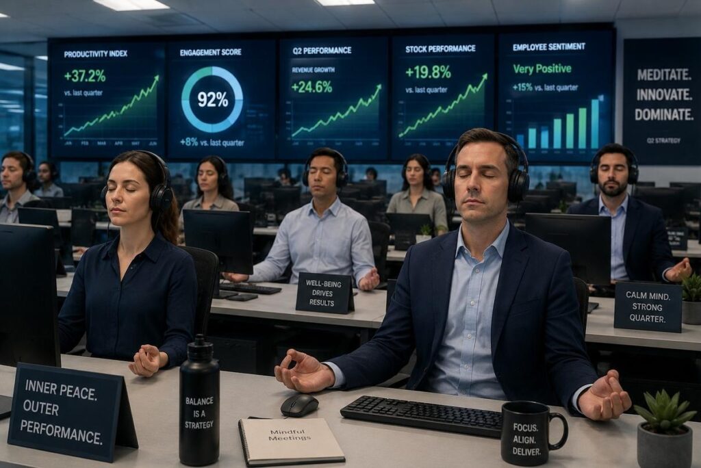 Corporate office workers meditating at desks wearing headphones with productivity charts and stock graphs visible on screens behind them