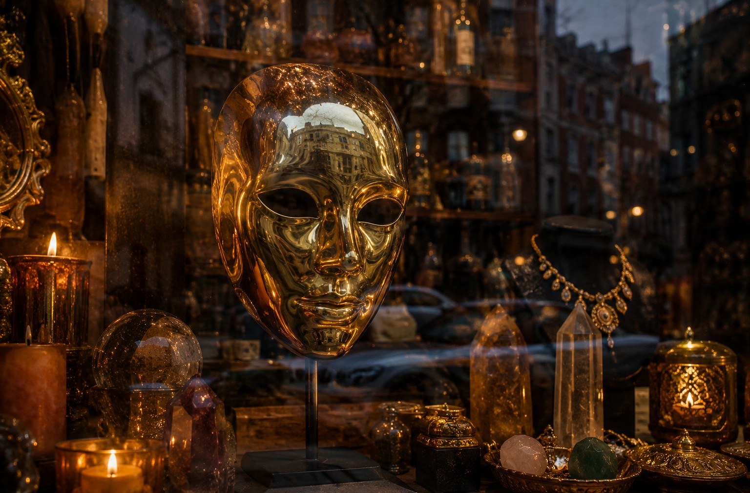 A polished golden mask reflected in a shop window filled with candles and crystals, the reflection subtly distorted