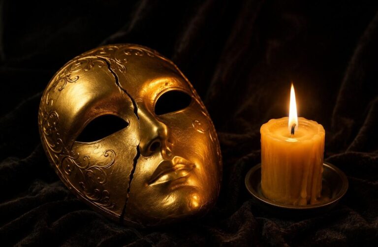 A perfect golden mask with a crack revealing darkness inside, beside a simple burning candle representing authentic spiritual light.