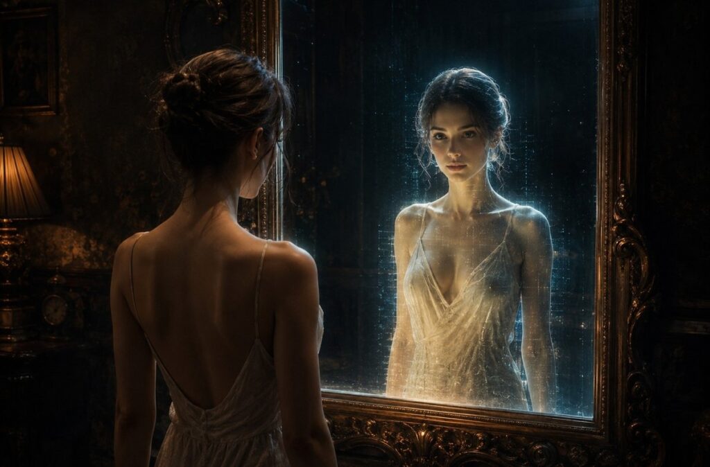 Human figure before mirror reflecting perfect glowing digital duplicate instead of real self