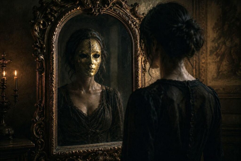 A person looking into an ornate mirror where their reflection wears a perfect golden mask while their true face remains shadowed.