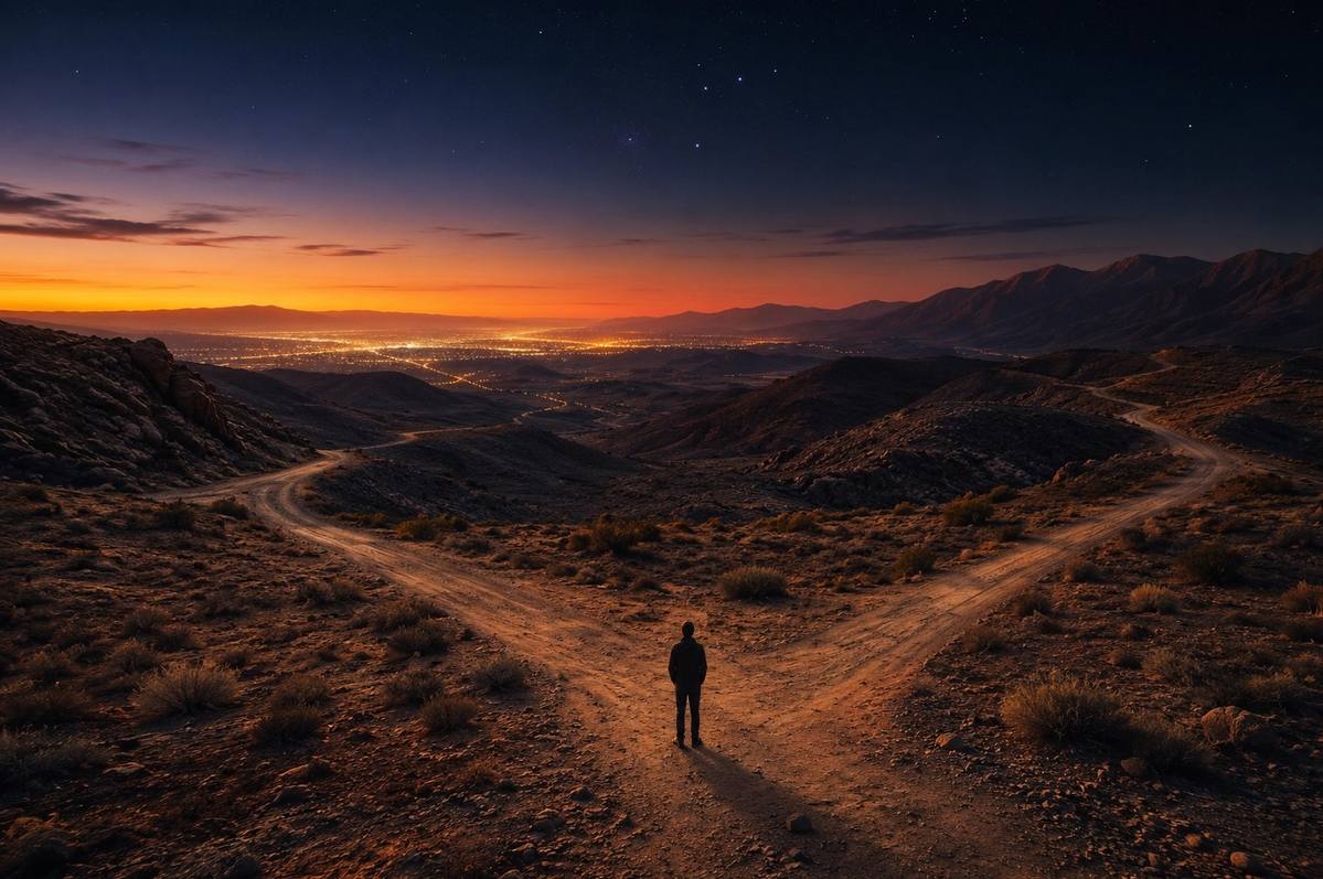 Solitary figure at desert crossroads with three diverging paths at twilight