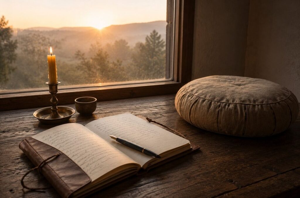 A simple wooden table with meditation cushion, journal, and candle at dawn light, representing the daily architecture of contemplative practice.