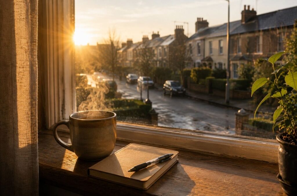 A simple morning scene with tea, notebook, and pen in dawn light, symbolising ordinary daily Neo Gnostic practice.