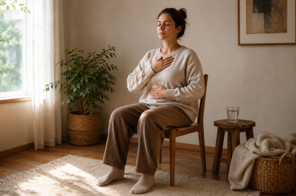 A person seated in warm morning light with one hand on the chest and one on the belly, breathing slowly in a quiet room.