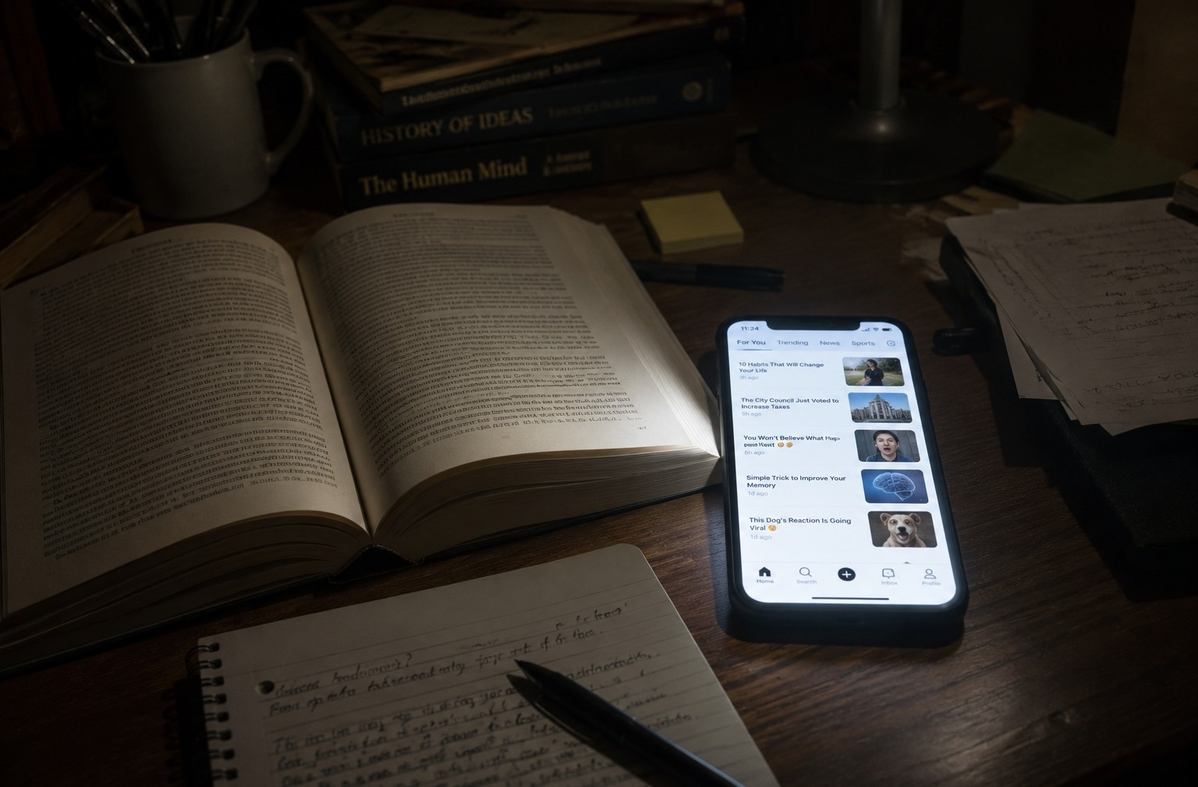 A book, phone and notebook on a desk, with the phone casting a bright light across the page, symbolising the fracture of deep reading by digital attention