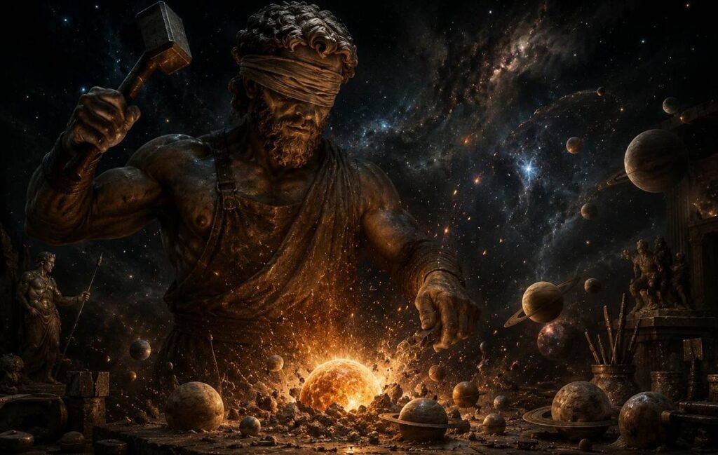 Blindfolded bronze-skinned giant in ancient Greek craftsman attire hammering stars and planets at a cosmic forge