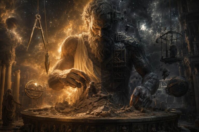 A divine craftsman shaping the material world from clay and stardust, half in golden light and half in shadow