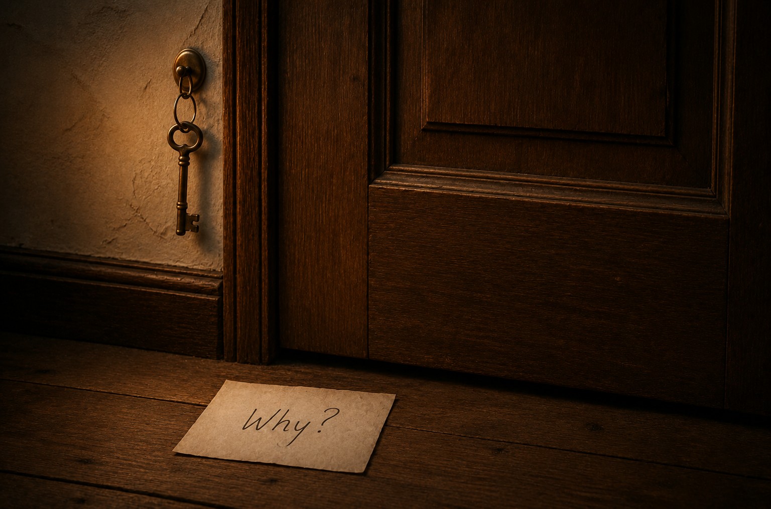 A closed wooden door with a brass key and a handwritten note reading Why, symbolising questioning desire before entering