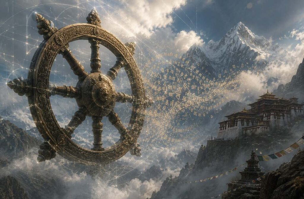 A bronze dharma wheel floating in mountain mist with geometric light grids, representing the impersonal law of karma.