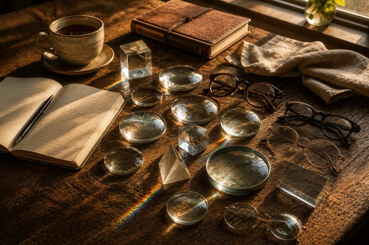 Several different lenses on a wooden table refracting the same morning light in different ways, symbolising different perceptual filters