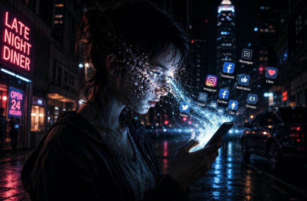 Human figure in modern city at night, face illuminated by smartphone light with data streams dissolving their features into pixels