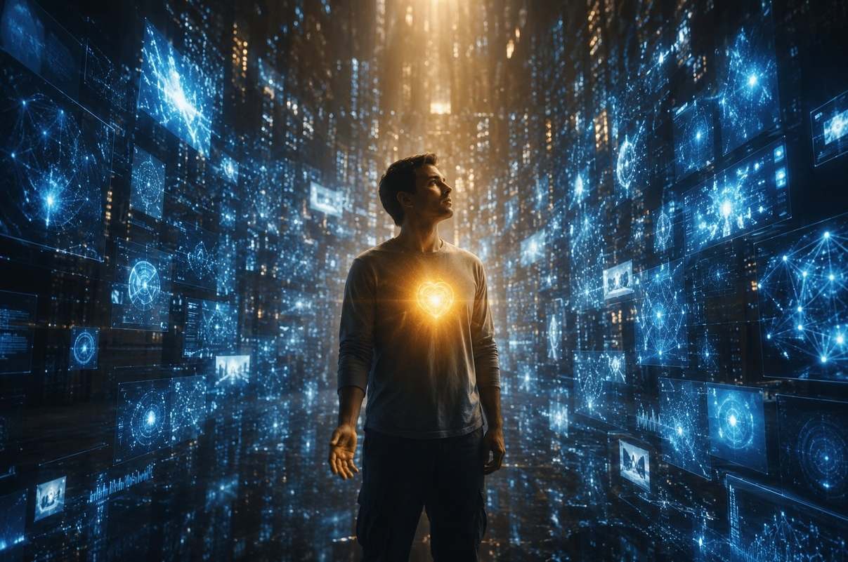 A modern seeker standing calmly before glowing digital feeds and algorithmic data panels, symbolising digital archons and the struggle for attention sovereignty.