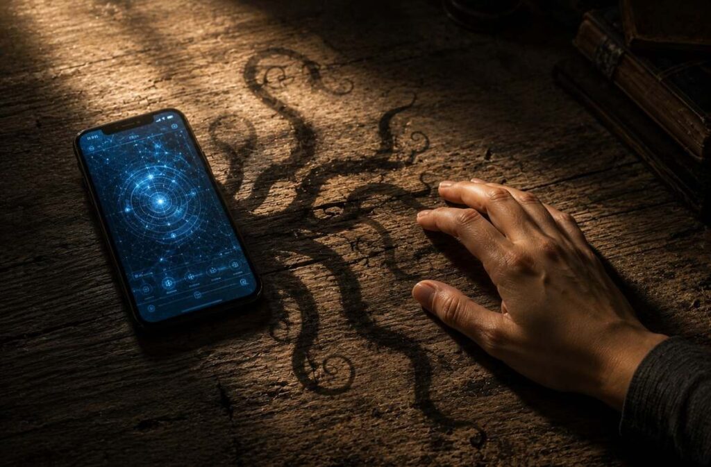 A smartphone casting long shadowy tendrils across a wooden table, symbolising the risk of over-interpreting digital systems as cosmic threats