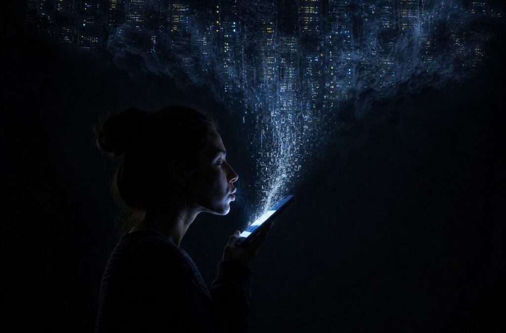 A human silhouette whispering into a smartphone while streams of glowing text and data particles rise from the device into a vast dark server cloud above.