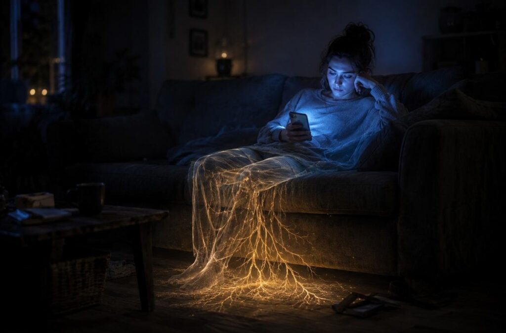 Young person slumped on sofa in dark room illuminated by smartphone blue light with partial transparency.