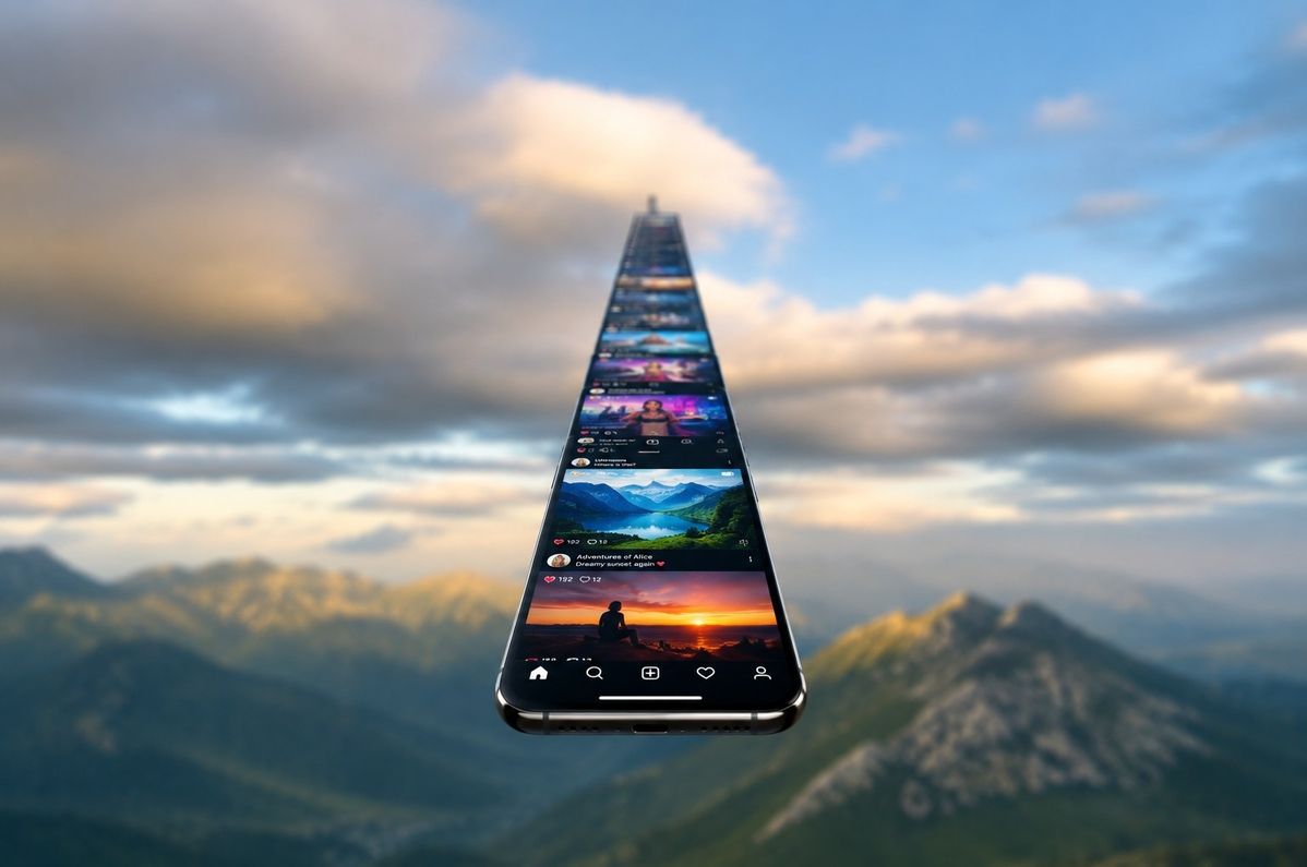 A smartphone screen floating in mid-air against a vast blurred natural landscape