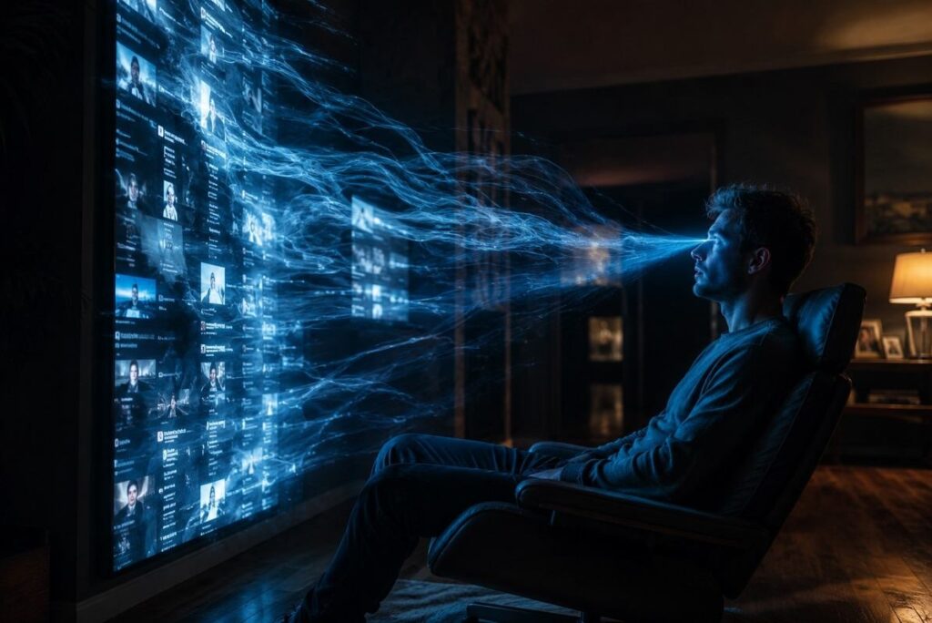 A human figure staring into an infinitely scrolling digital feed with shadowy tendrils of light extending from the screen.