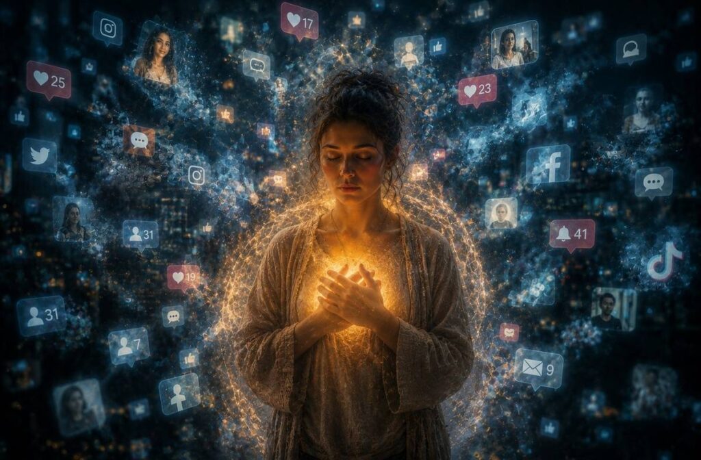 A figure surrounded by floating glowing fragments of social media icons and notifications dissolving into mist.