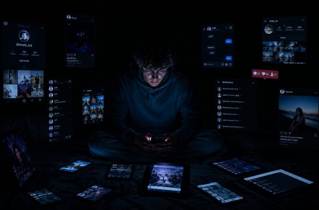 Young person alone in dark room surrounded by glowing smartphone and tablet screens