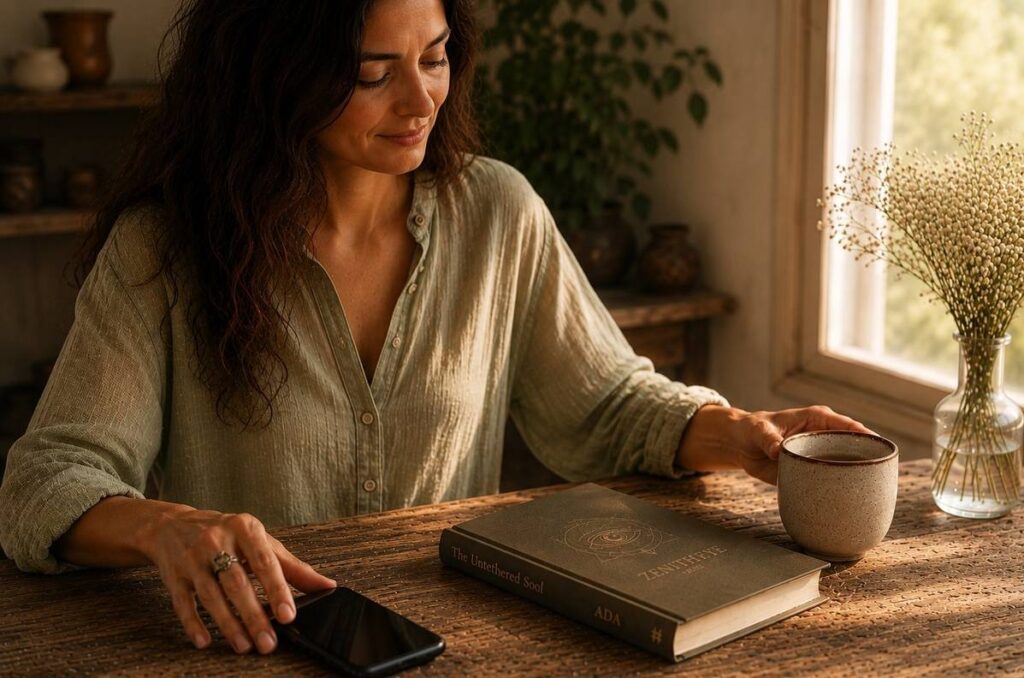A person placing a smartphone face-down on a wooden table while reaching for a book and tea, representing the reclamation of attention from digital extraction.
