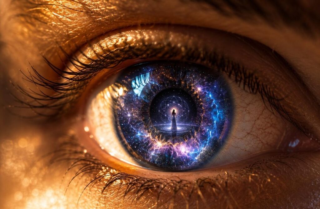 A close-up of a human eye reflecting a starfield and geometric mandala, symbolising direct knowing and gnosis as the centre of Neo Gnosticism.