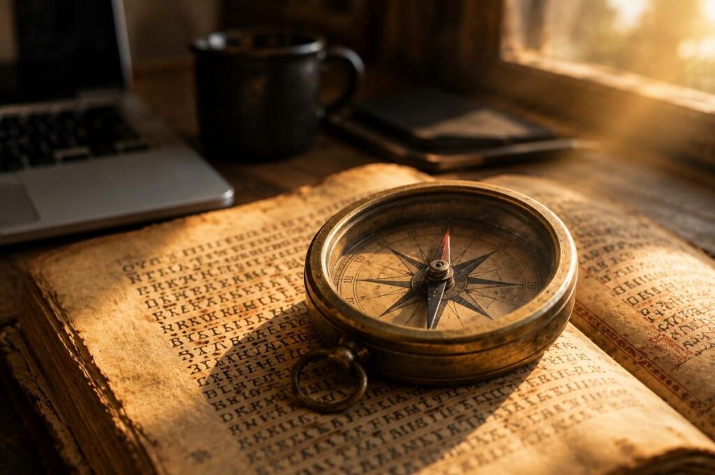 An antique brass compass resting on an open Coptic manuscript, symbolising spiritual discernment and direction.