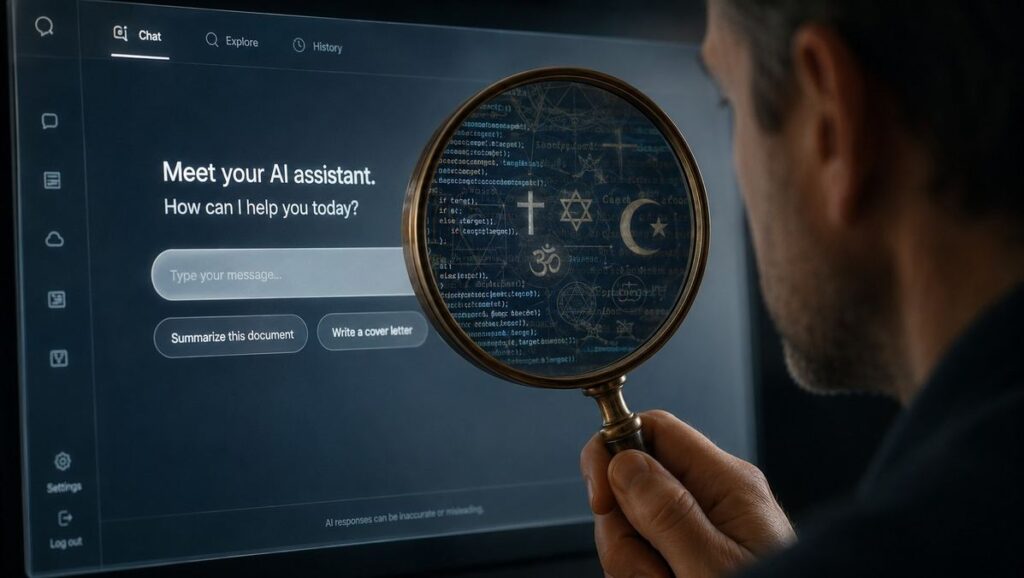 A human figure holding a vintage magnifying glass to a glowing AI interface screen, revealing hidden code and religious symbols beneath the polished surface.