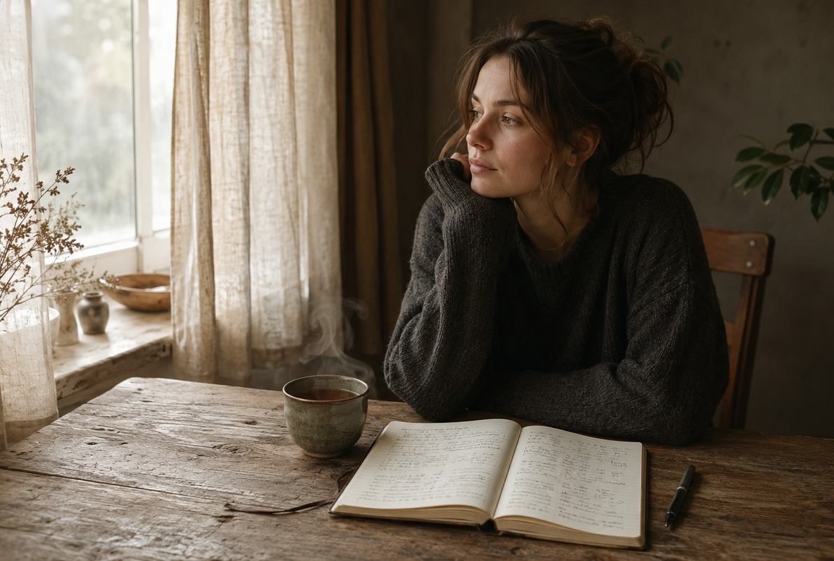 A calm person resting beside an open notebook of symbols with pen set down, representing the discipline of not interpreting everything