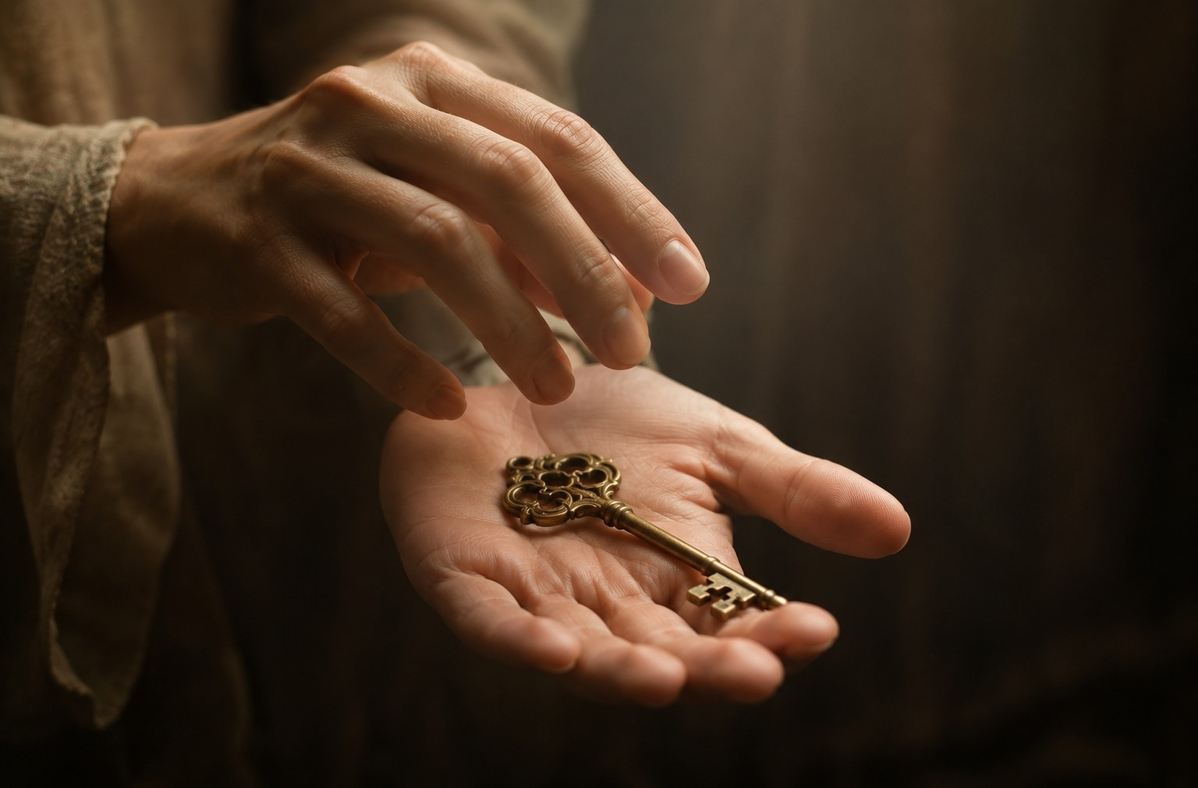 A hand hovering over a brass key without grasping it, representing the choice not to decode or control every experience