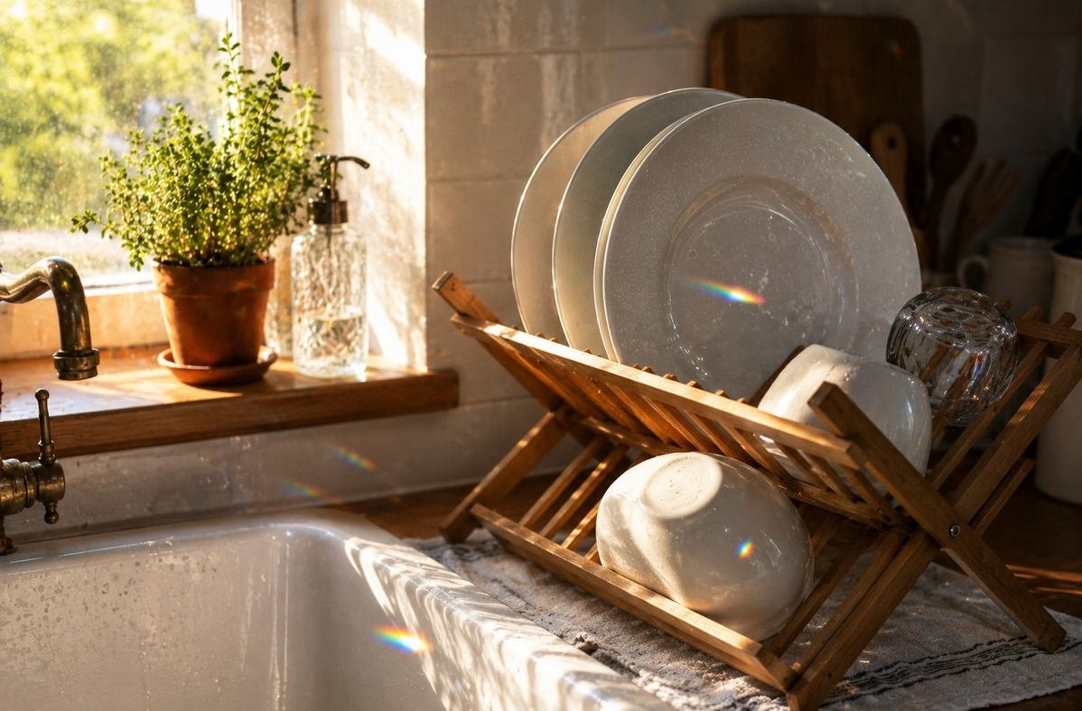 Clean dishes drying in a kitchen sink with sunlight on water droplets, representing ordinary life as the great interpreter