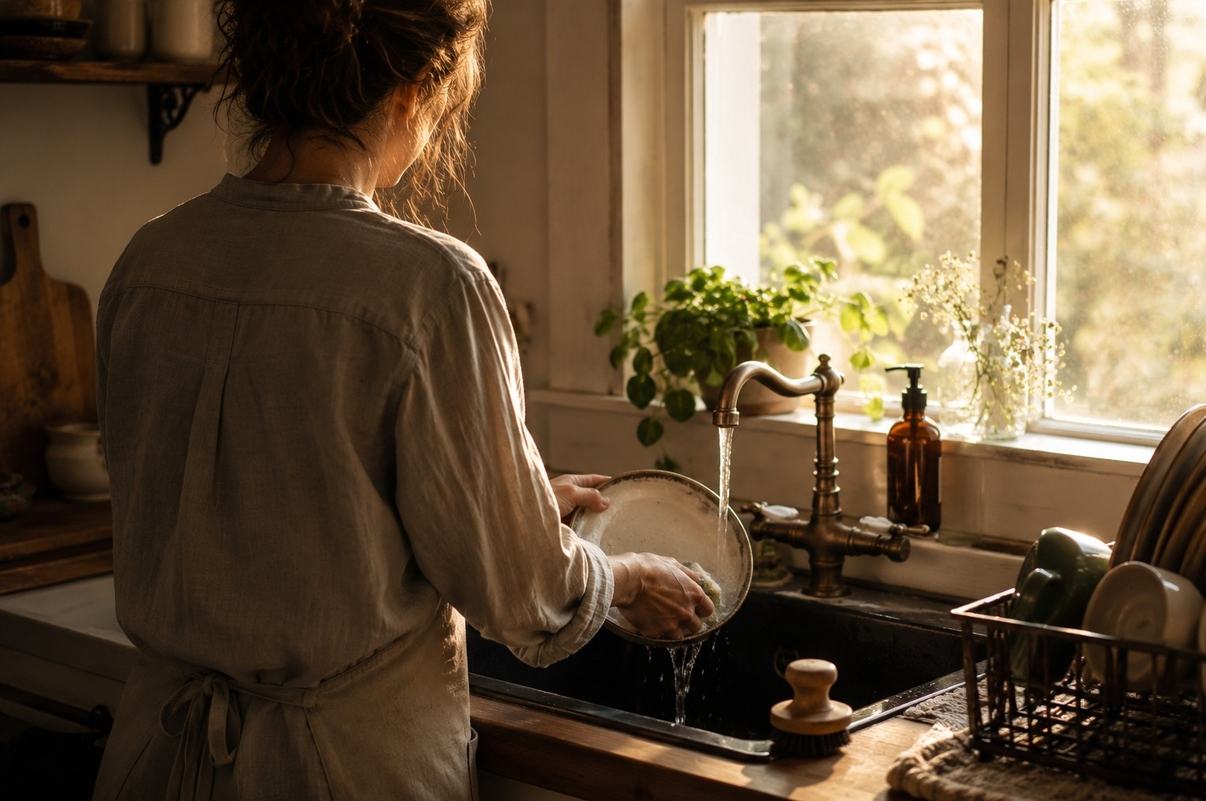 A person quietly washing dishes at a kitchen sink in warm morning light, seen from behind