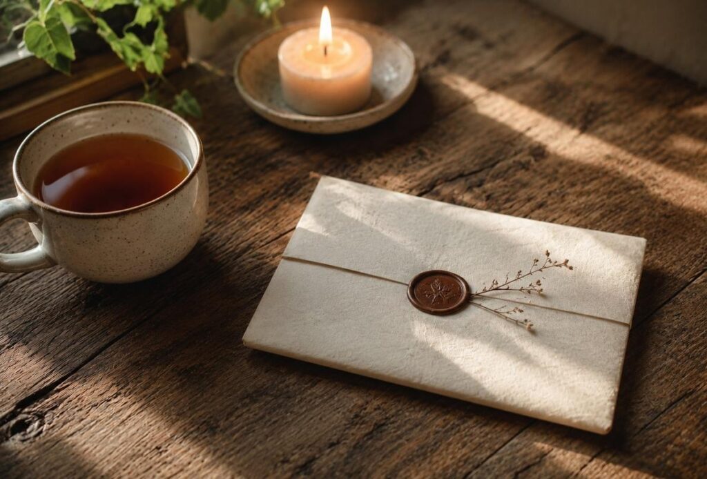 A folded handwritten note on a wooden table beside a cup of tea and a small candle in morning light