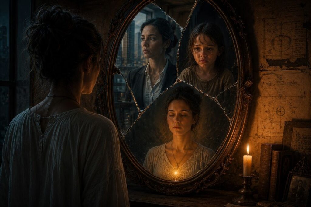 A figure standing before a mirror broken into three fragments reflecting different emotional states and identities.