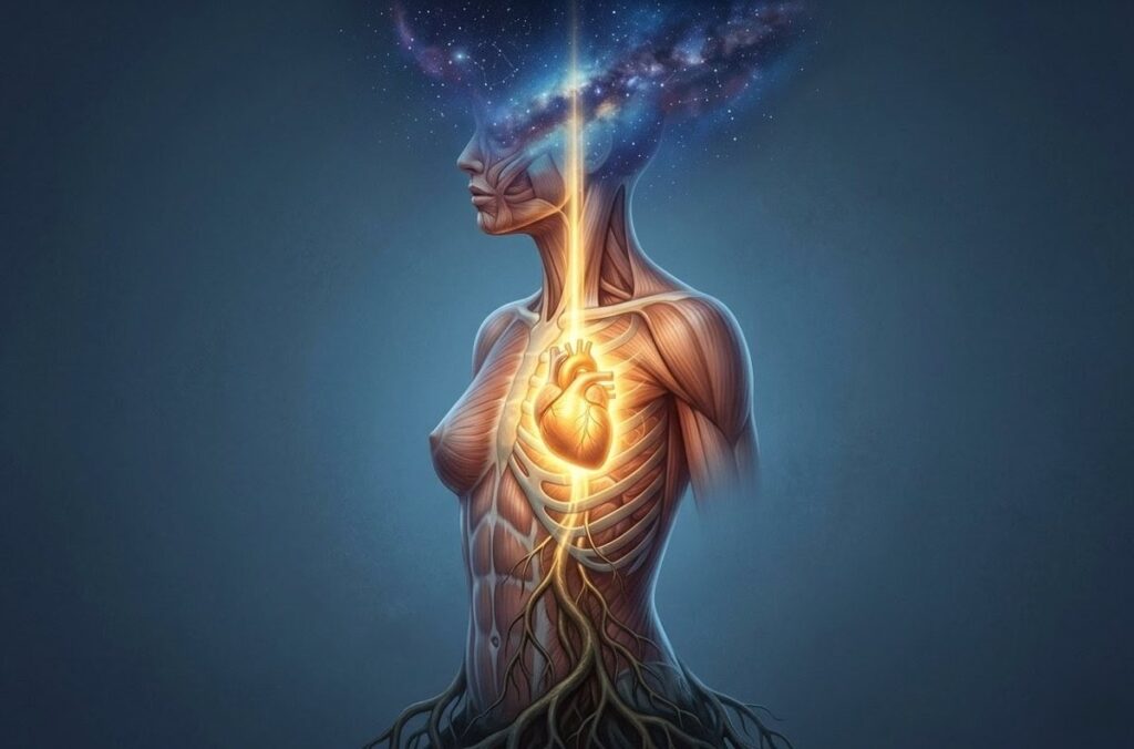 Anatomical illustration of human torso in profile with glowing heart space connecting to a starfield and earth roots