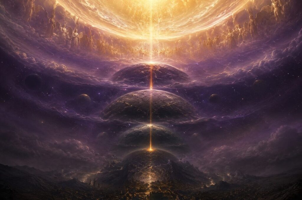 A luminous golden spark descending from a celestial sphere of light into a dark material world, ancient Gnostic cosmology.