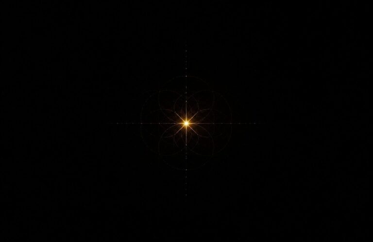 A single golden spark of light suspended in absolute darkness with faint sacred geometry patterns emanating from its glow.
