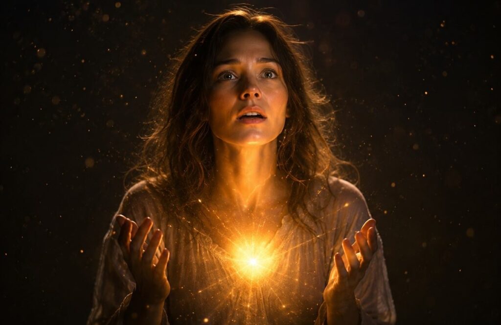 A human figure with eyes opening in recognition, golden light emanating from their chest and illuminating the surrounding darkness.