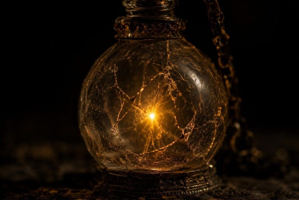 Single luminous golden spark trapped inside cracked glass vessel surrounded by darkness
